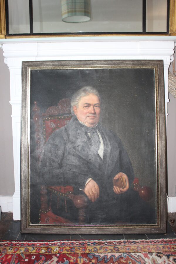 19th-century portrait of an elderly French man holding a gold antique box, symbolizing wealth and prestige