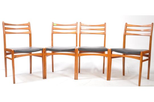 Scandinavian teak dining chairs with black vinyl seats