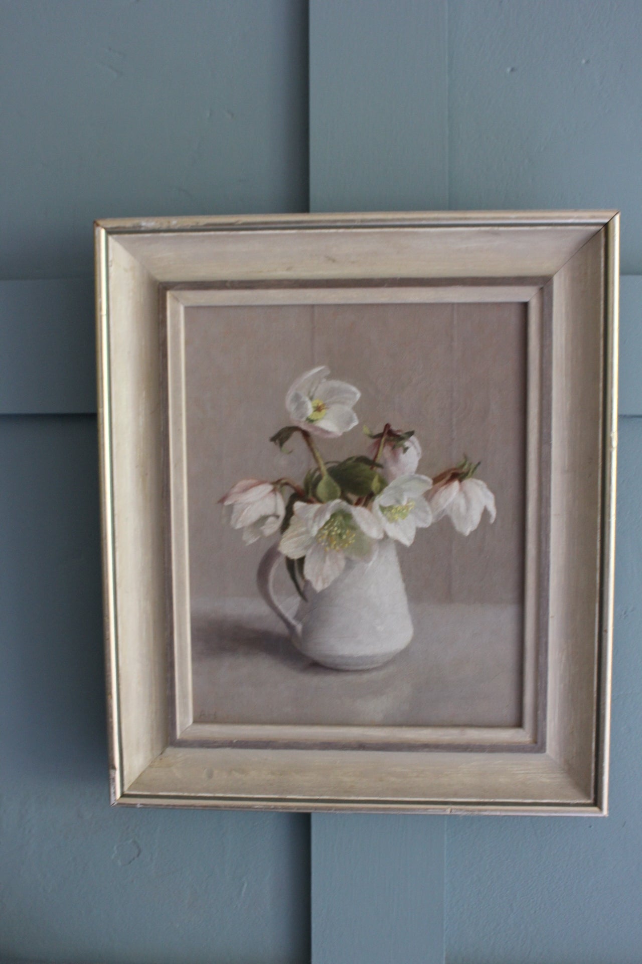 Anna Hornby Christmas roses in a Lucie Rie jug, winter still life painting, flower artwork for sale in Sussex, England