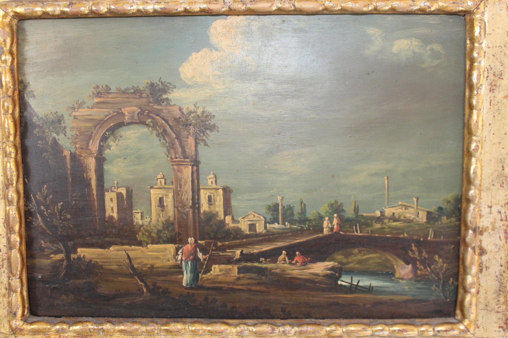 Antique Venetian oil painting with historical architecture and landscapes