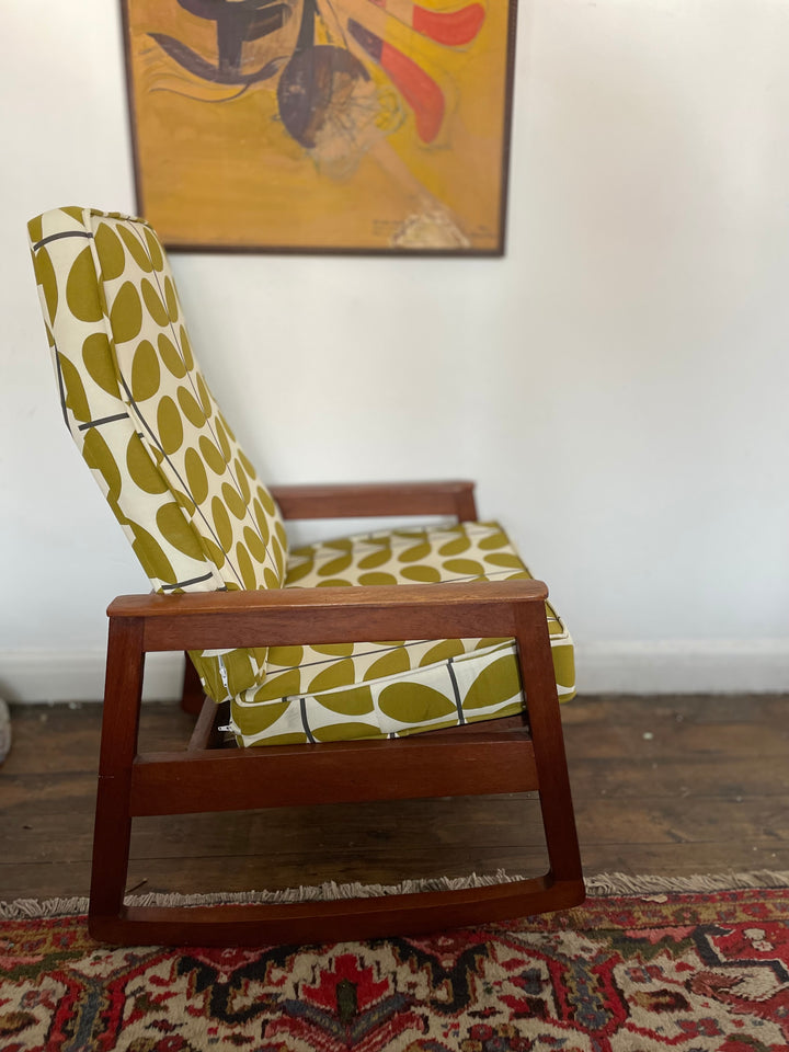 Back view of vintage Danish rocker with graphic print fabric