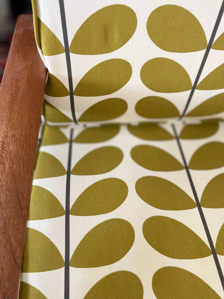 Bold patterned upholstery on vintage Danish mid-century rocker