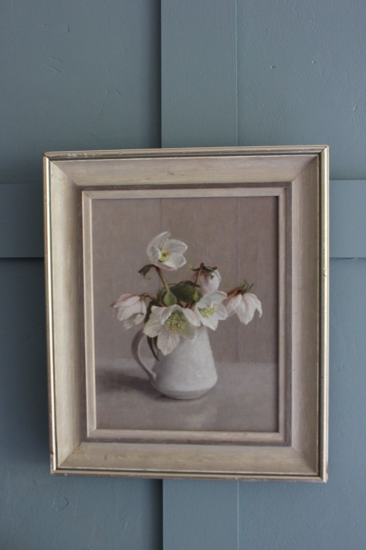 Christmas roses still life painting by Anna Hornby with Lucie Rie jug, oil on canvas, winter floral artwork for home décor
