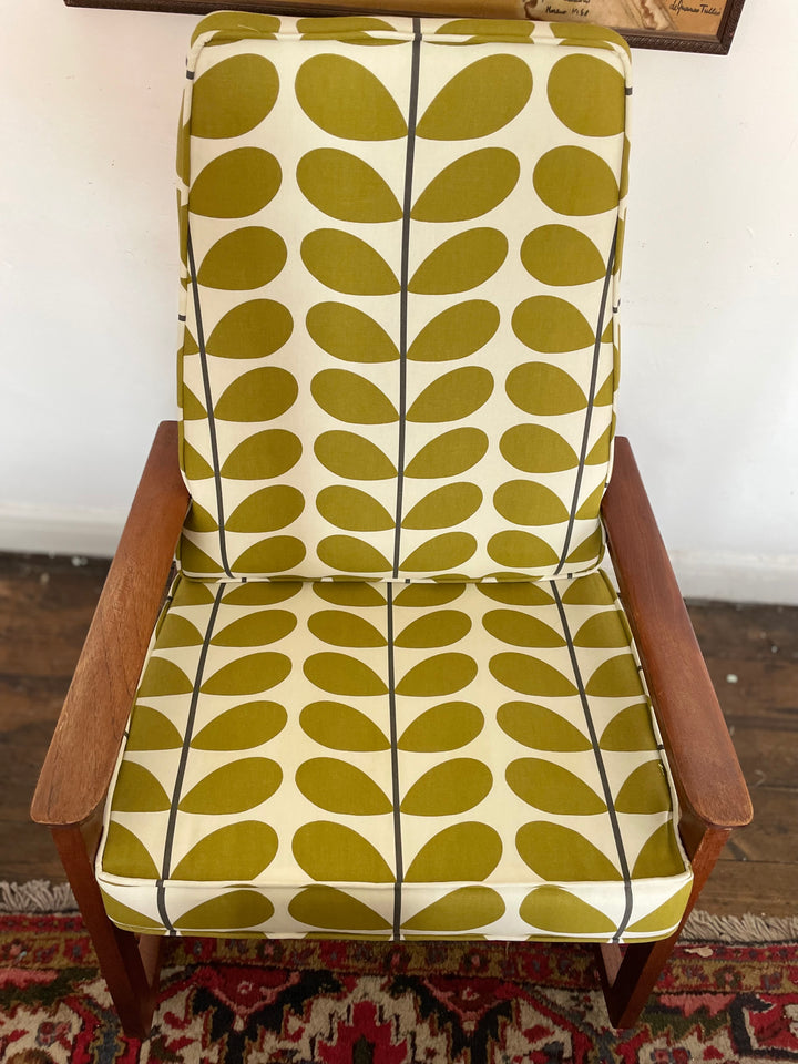 Danish mid century rocking chair c1960 with Orla Kiely fabric upholstery