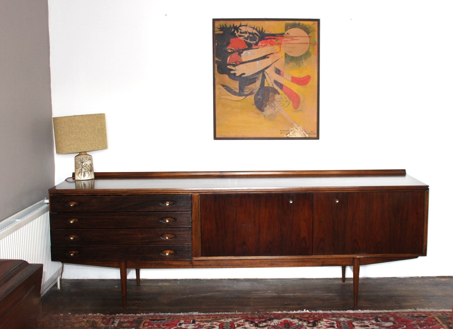 Detailed shot of reeded drawer fronts on a classic mid century sideboard