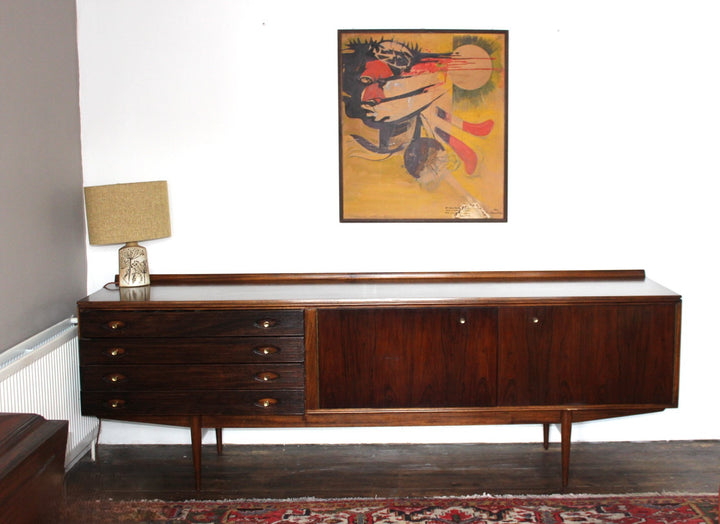 Detailed shot of reeded drawer fronts on a classic mid century sideboard