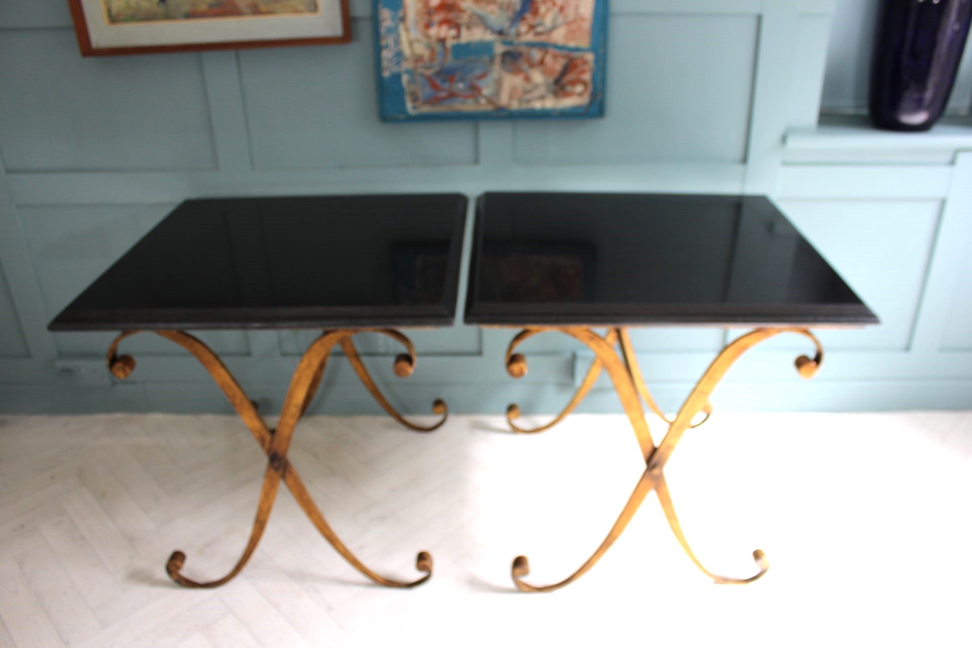 Elegant Granite and gold side tables with ornate gilt metal bases, ideal for antique-inspired home decor in Sussex