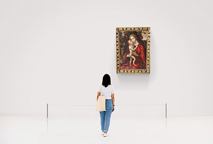 Hand-painted Virgin and Child artwork in Netherlandish style