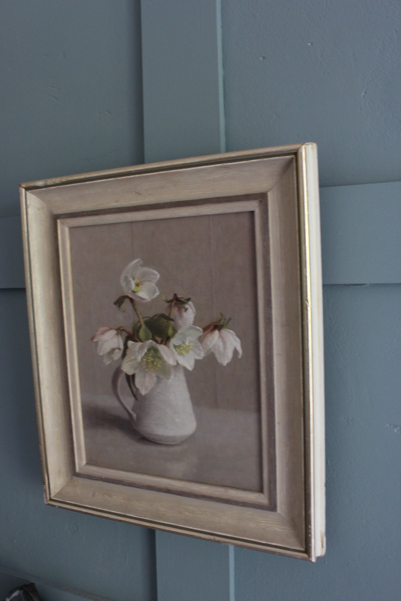 Lucie Rie jug floral still life painting by Anna Hornby, beautiful Christmas roses in oil, buy winter floral art online