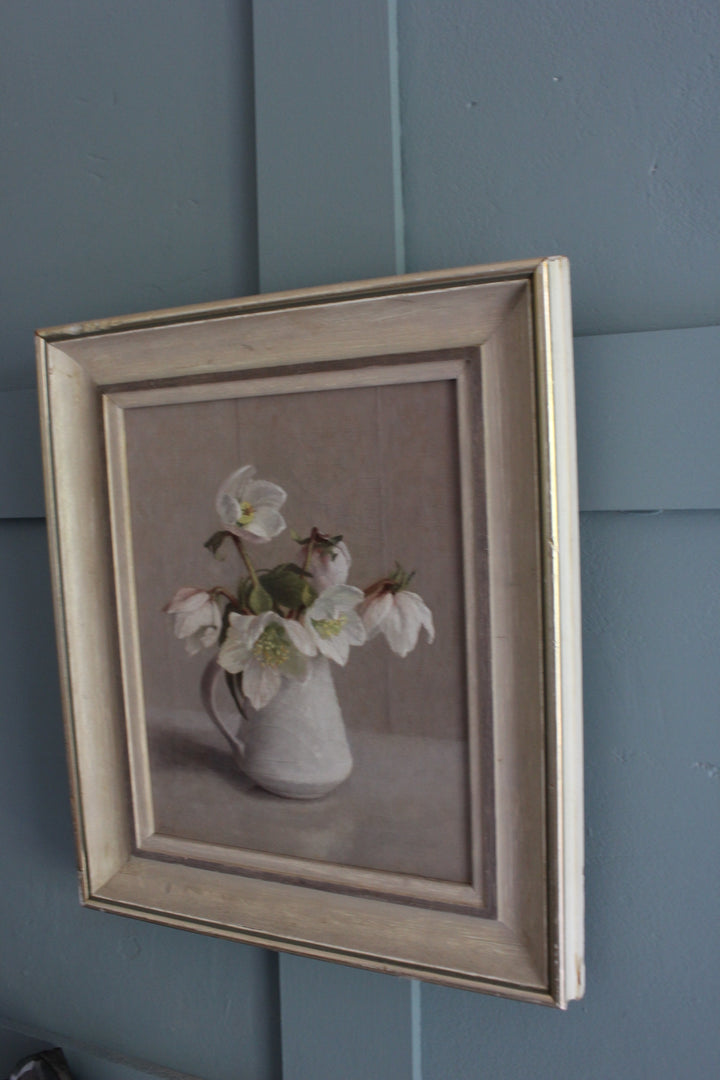 Lucie Rie jug floral still life painting by Anna Hornby, beautiful Christmas roses in oil, buy winter floral art online