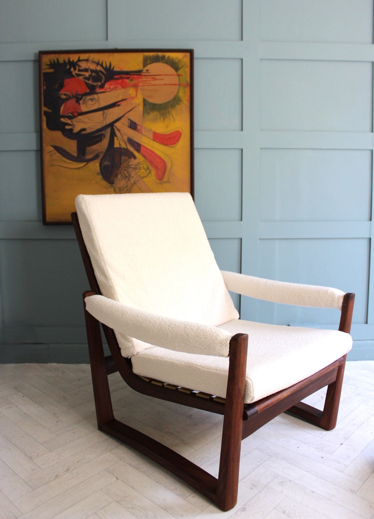 Midcentury Guy Rogers Virginia Armchair with Afromosia teak frame and ivory boucle upholstery