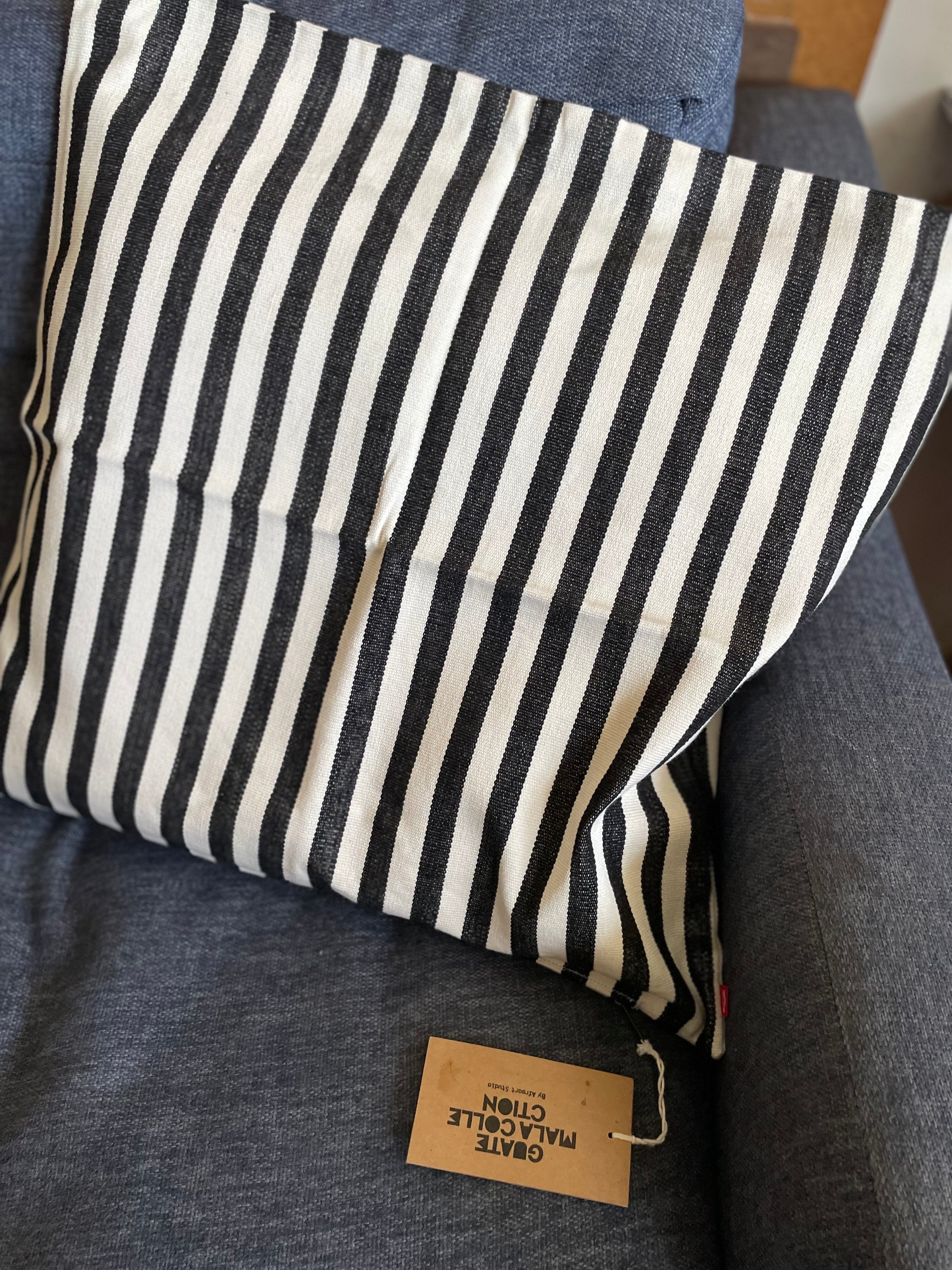 Mira Maya hand block print cushion in black and white