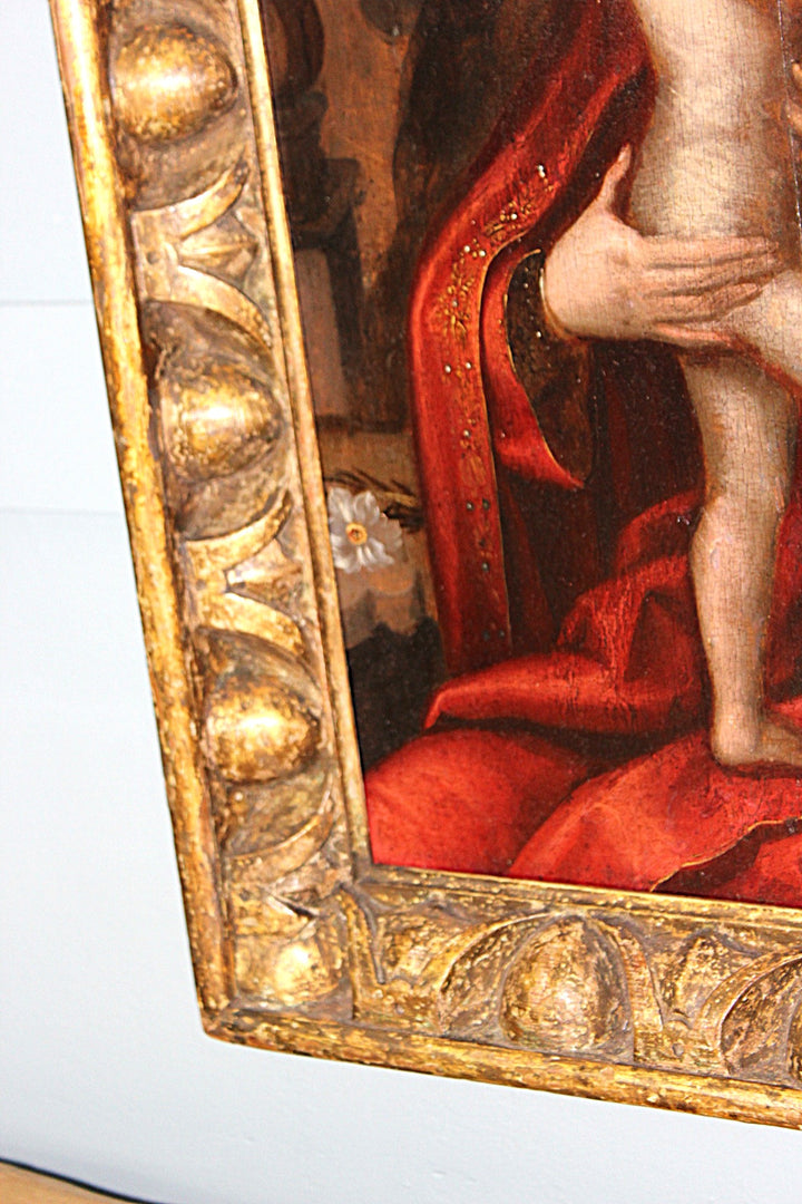 Old Master religious artwork of Virgin Mary and Jesus in a rose garden vintage mid century Sussex