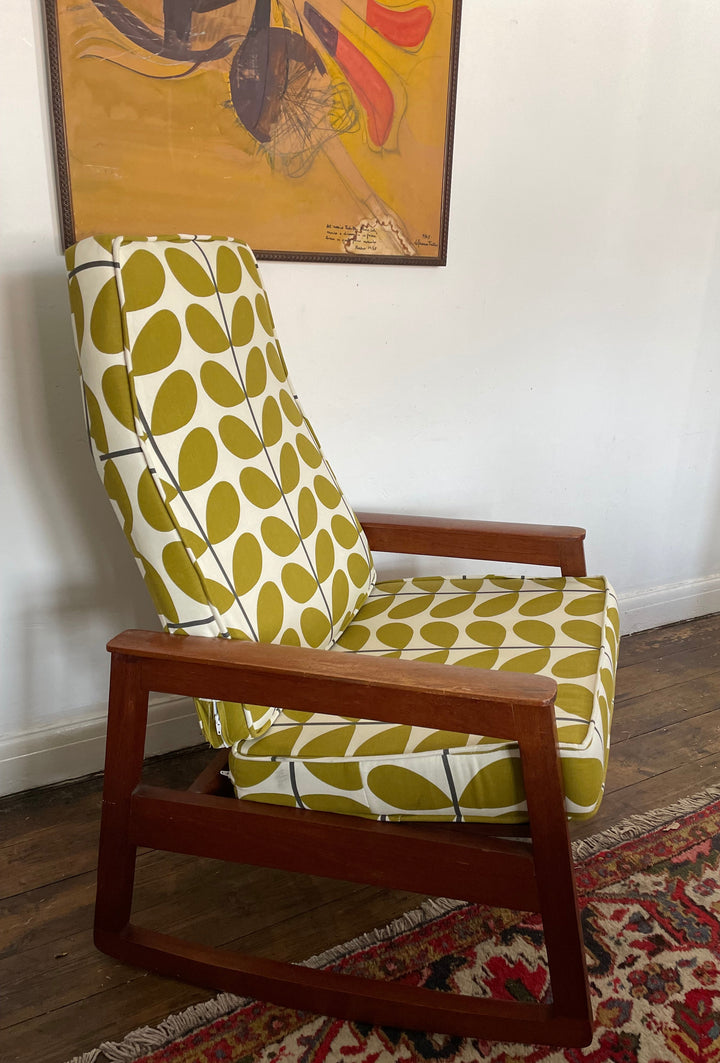 Orla Kiely reupholstered vintage teak rocker in modern interior