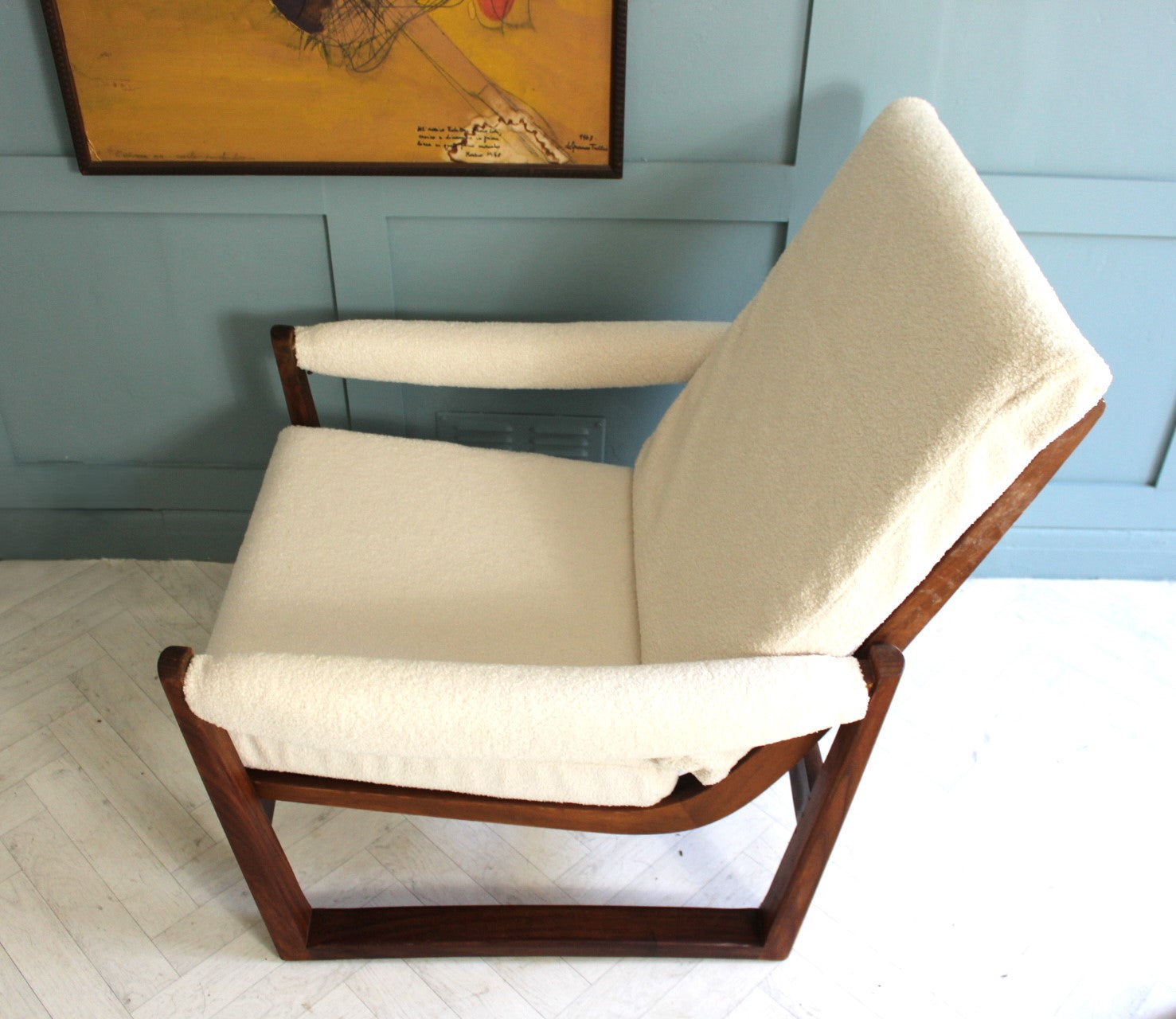 Refurbished Guy Rogers Virginia chair with fire-retardant foam and elegant boucle fabric