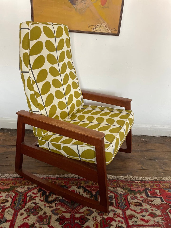 Retro-inspired fabric on vintage Scandinavian-style rocking chair