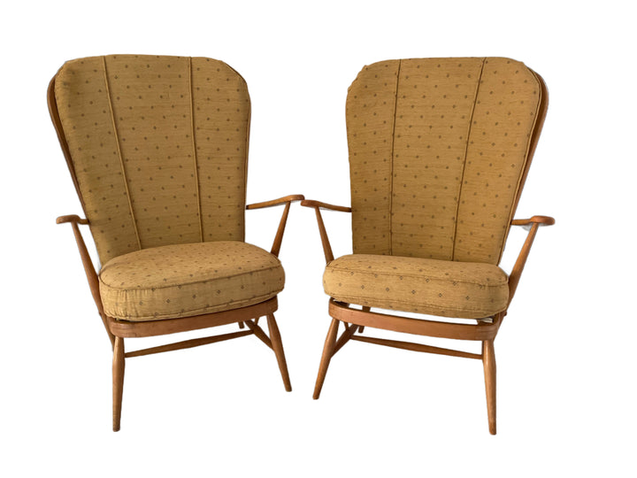Set of two Ercol Model 478 Windsor armchairs, high back design in elm and beech