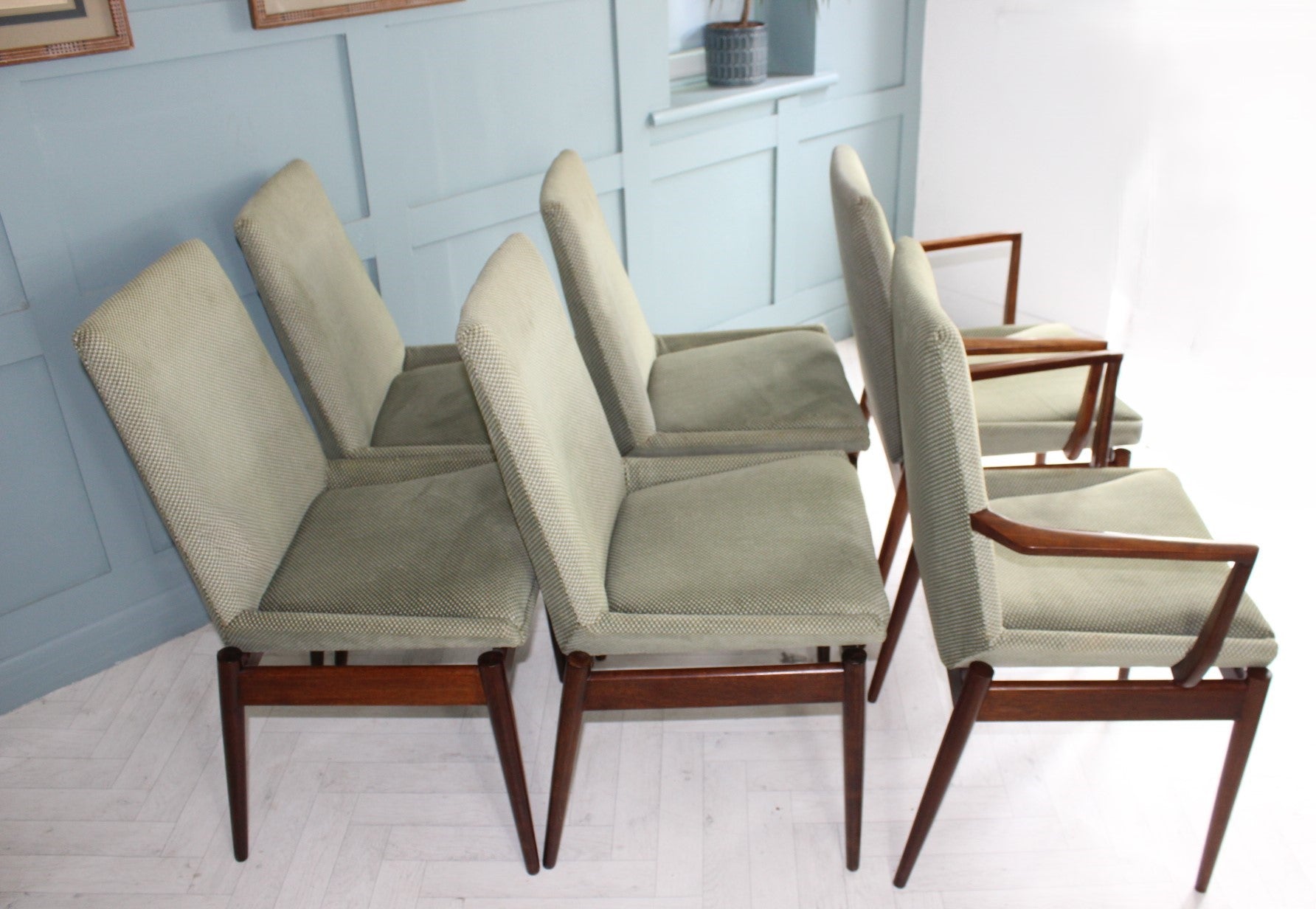 Vintage Archie Shine dining chairs from the Hamilton Rosewood range featuring elegant angled frames and reupholstered turquoise-green seats