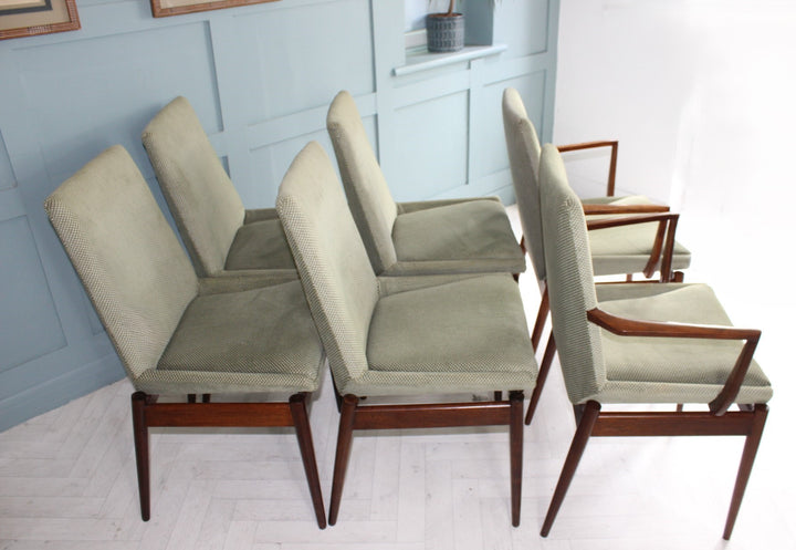 Vintage Archie Shine dining chairs from the Hamilton Rosewood range featuring elegant angled frames and reupholstered turquoise-green seats
