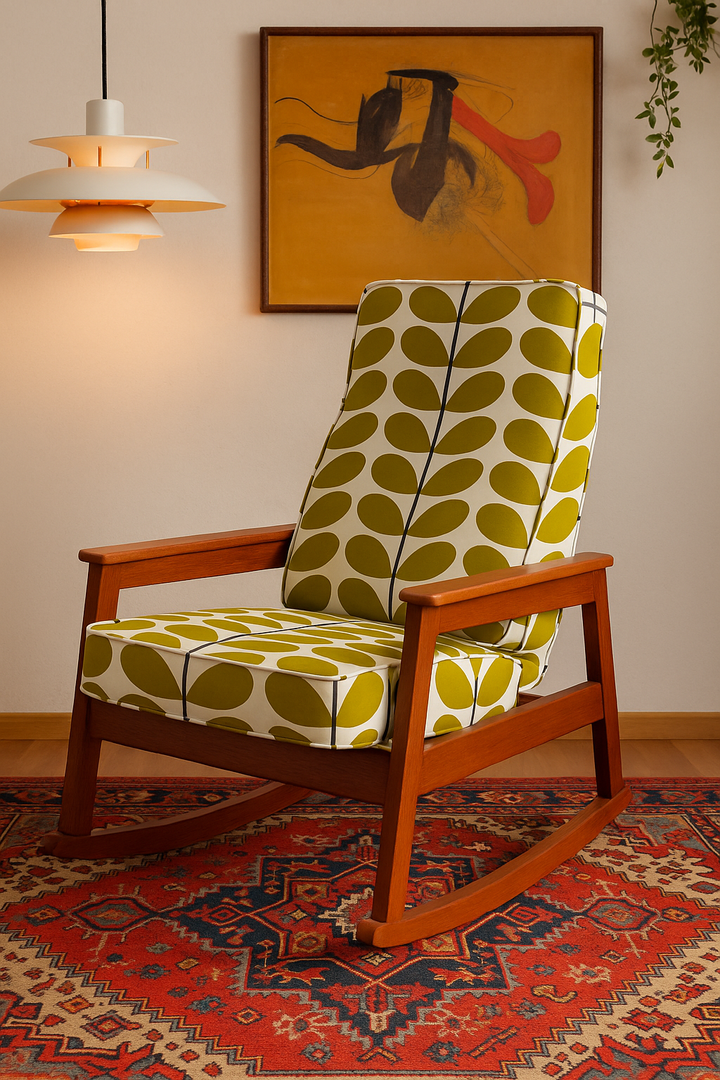 Vintage Danish rocking chair with Orla Kiely fabric upholstery
