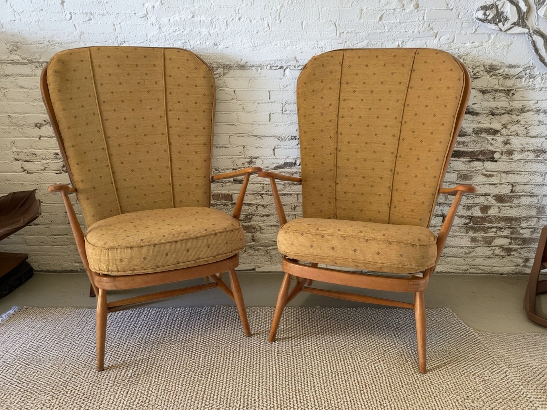 Pair of vintage Ercol Windsor high back grandfather armchairs Model 478, mid century design