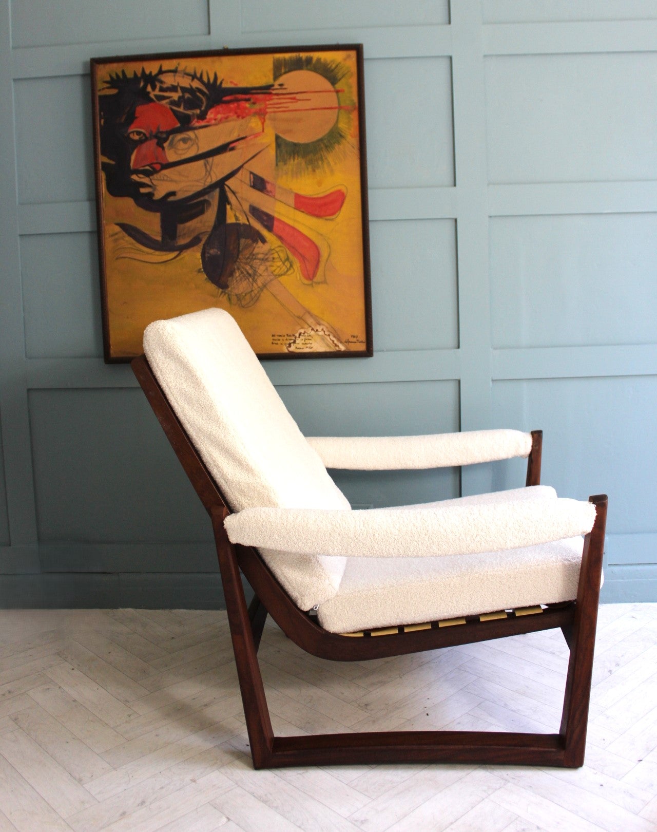 Vintage Guy Rogers Virginia armchair featuring sleek Afromosia wood and new webbing
