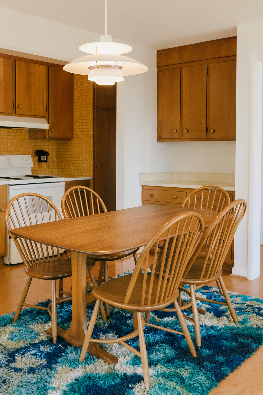 Ercol Wooden dining table with rare crynolean stretcher dining chairs in a kitchen setting