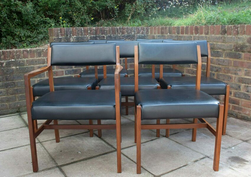 Alfred Cox mid-century black leather teak dining chair
