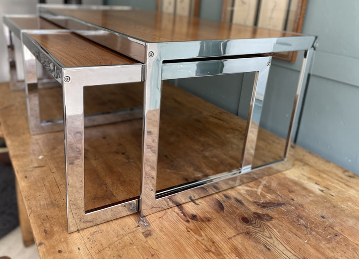 Retro nesting tables with chrome frame and rosewood tops