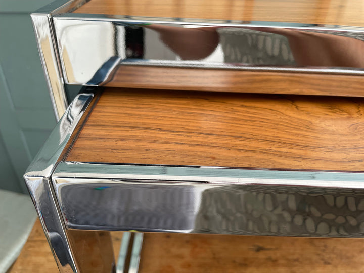 Nesting side tables in chrome and rosewood finish