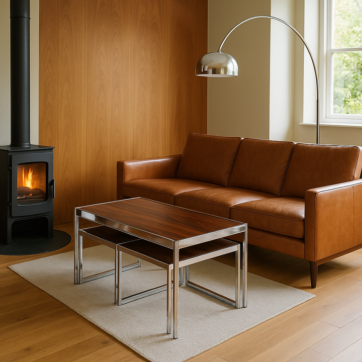Midcentury modern living room with rosewood table set