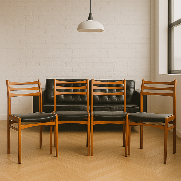 Vintage mid-century modern teak chairs with ladder-back design