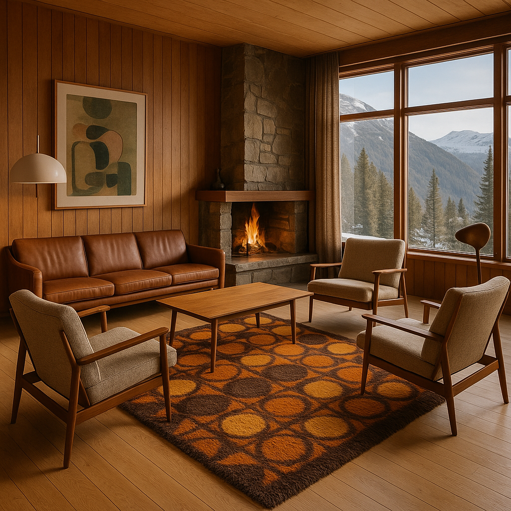 Vintage Scandinavian rya rug with orange, brown, and mustard circle pattern in lounge setting