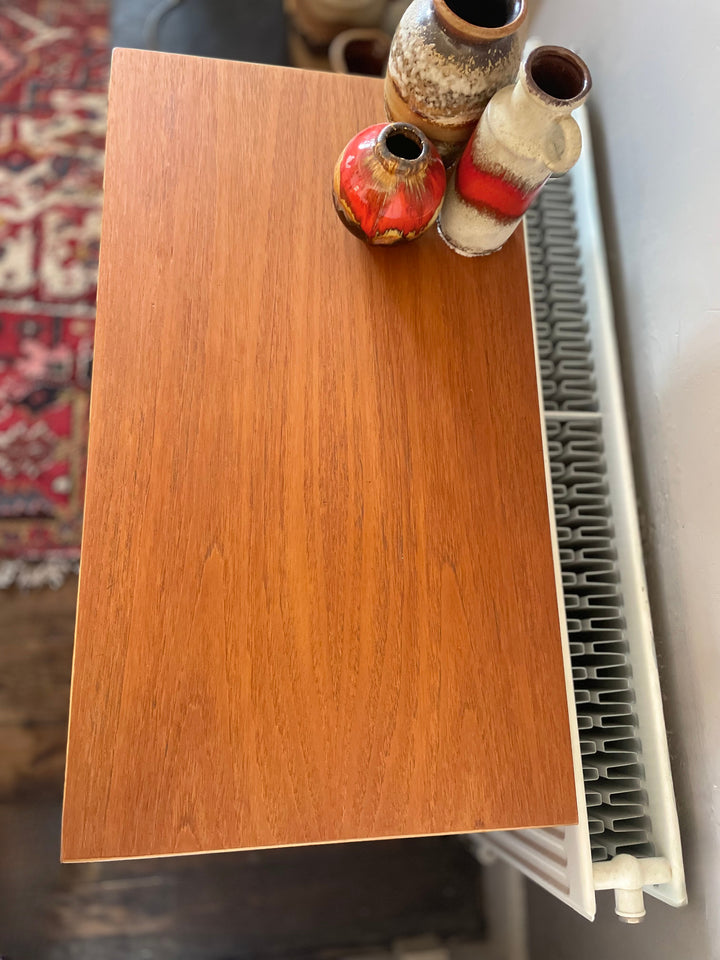 top fininsh on 1960s Stag Fineline tallboy designed by John & Sylvia Reid