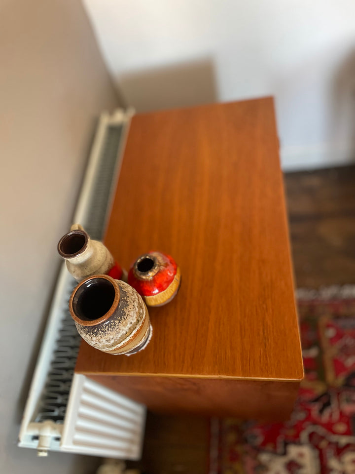 Rare vintage Stag Fineline tallboy chest in warm teak finish, 1960s top view