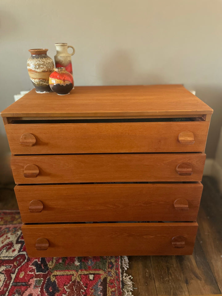 Drawer detail on 1960s Stag Fineline tallboy designed by John & Sylvia Reid