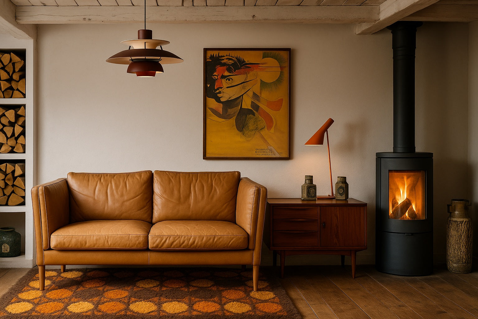 Mid-century Danish leather sofa in rustic barn interior with vintage rug, teak furniture, and log burner