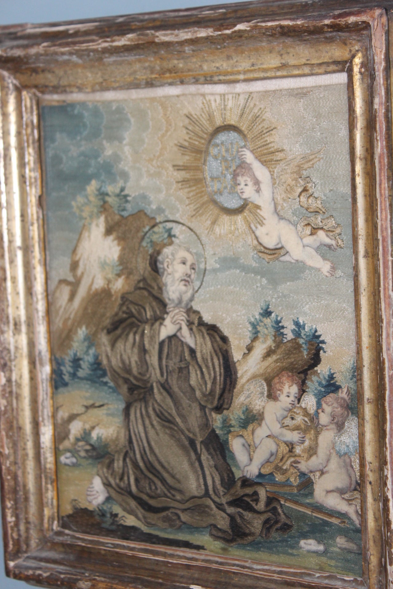 Spanish Embroidered & Painted Silk Panel Depicting the  Saint Francis Paola