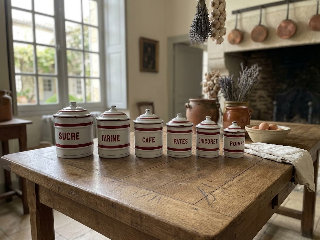 A set of six white ceramic canisters with red stripes and French labels (SUCRE, FARINE, CAFE, PATES, GRICOROLE, PUISSANCE) arranged on a rustic wooden table in a cozy, sunlit kitchen.
