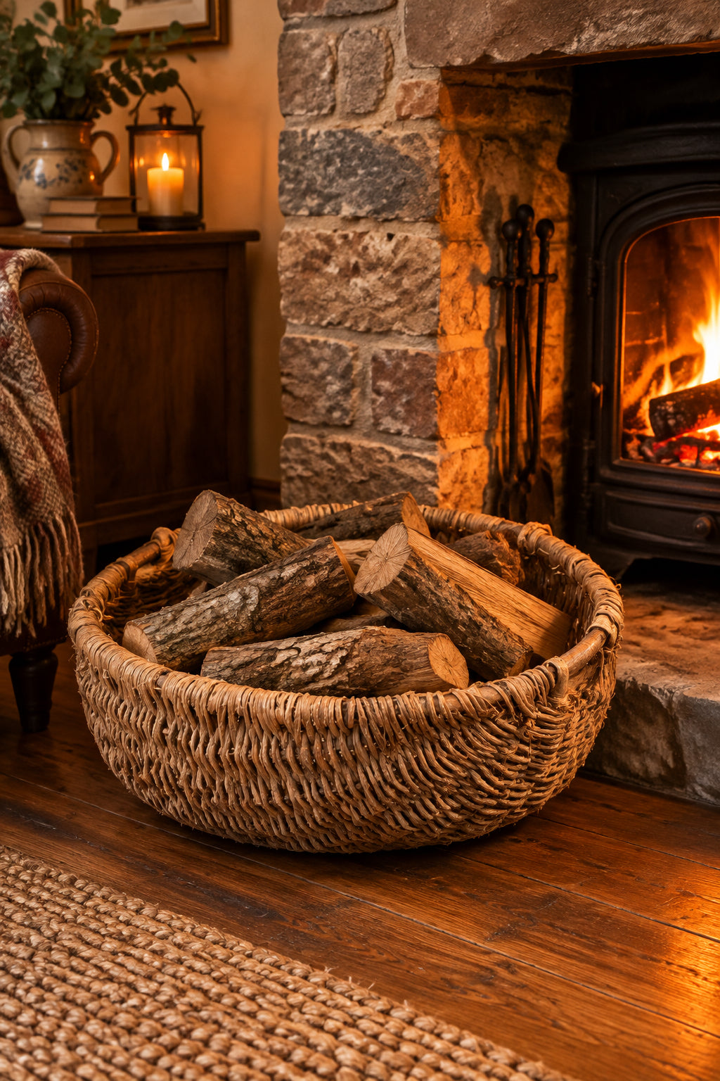 A large round woven wicker basket with dark brown handles Used as  a log basket in front of a country fire.