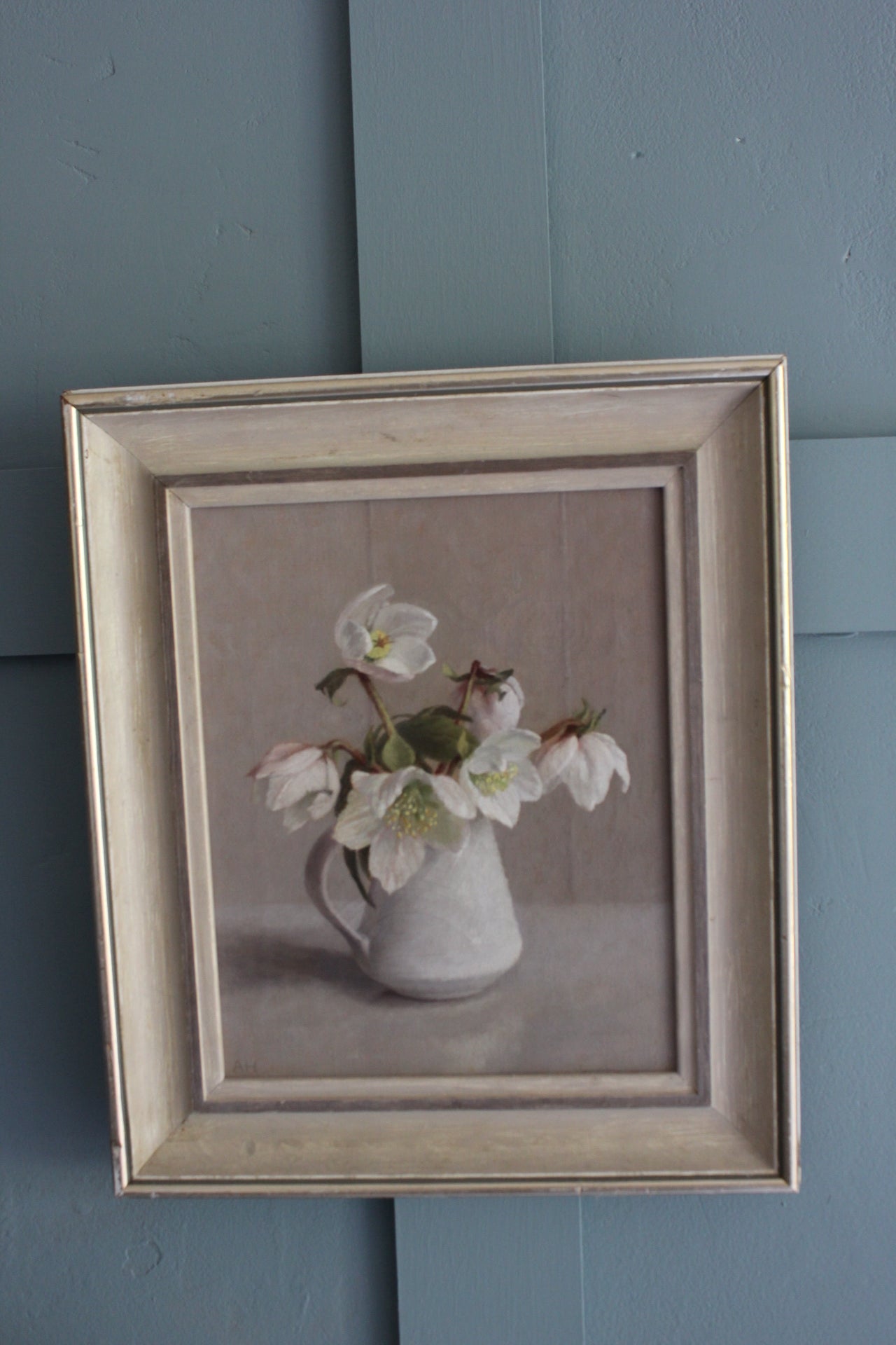 Anna Hornby floral still life painting featuring hellebores in a Lucie Rie ceramic jug, Christmas flowers artwork for sale