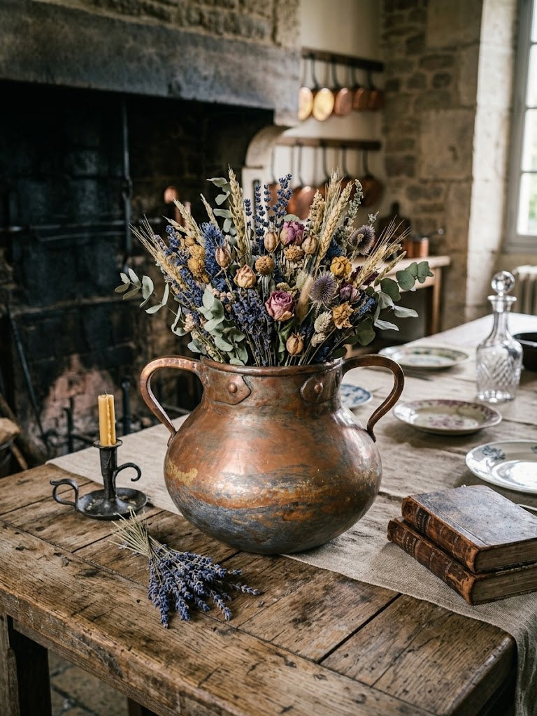 A rustic dried flower arrangement in a large copper-toned metal urn vase, displayed on a wooden table in a cozy, stone-walled room with a fireplace, plates, and books.