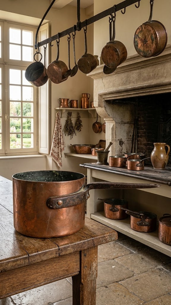 A rustic kitchen scene with a large copper pot on a wooden table in the foreground, with additional copper cookware hanging from a black rack above and stored on shelves beside a stone fireplace.