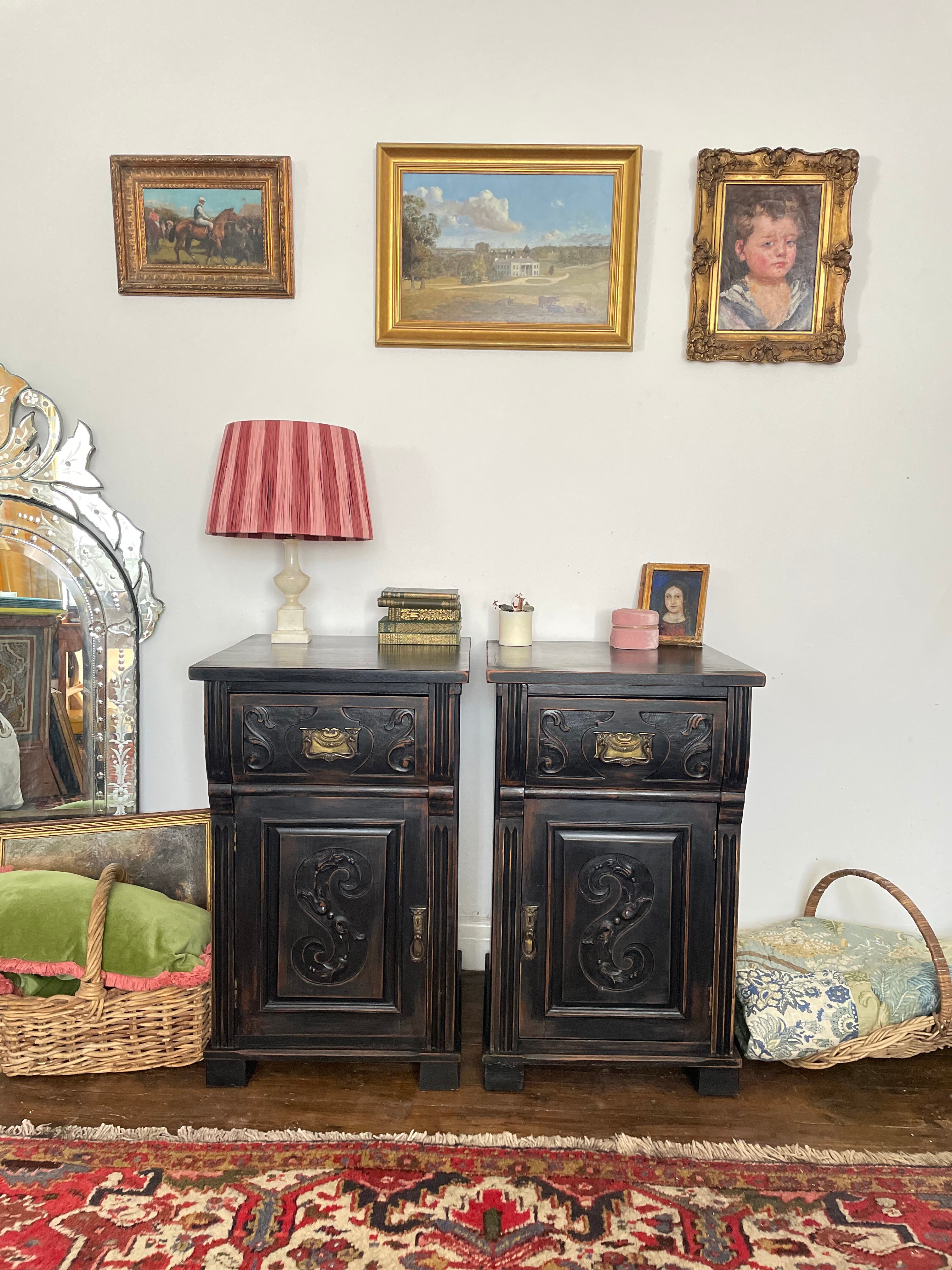 Antique Ebonised Oak Bedside tables Front View