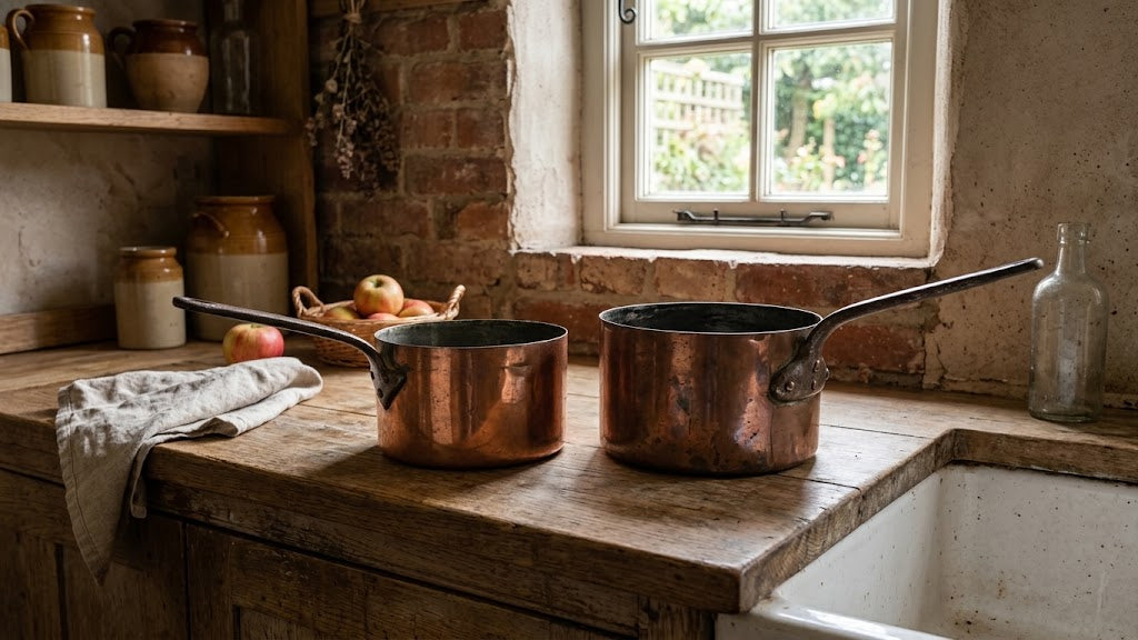 Two copper saucepans with long handles sit on a rustic wooden kitchen counter in front of a window, with ceramic jars, a cloth, and apples in the background.
