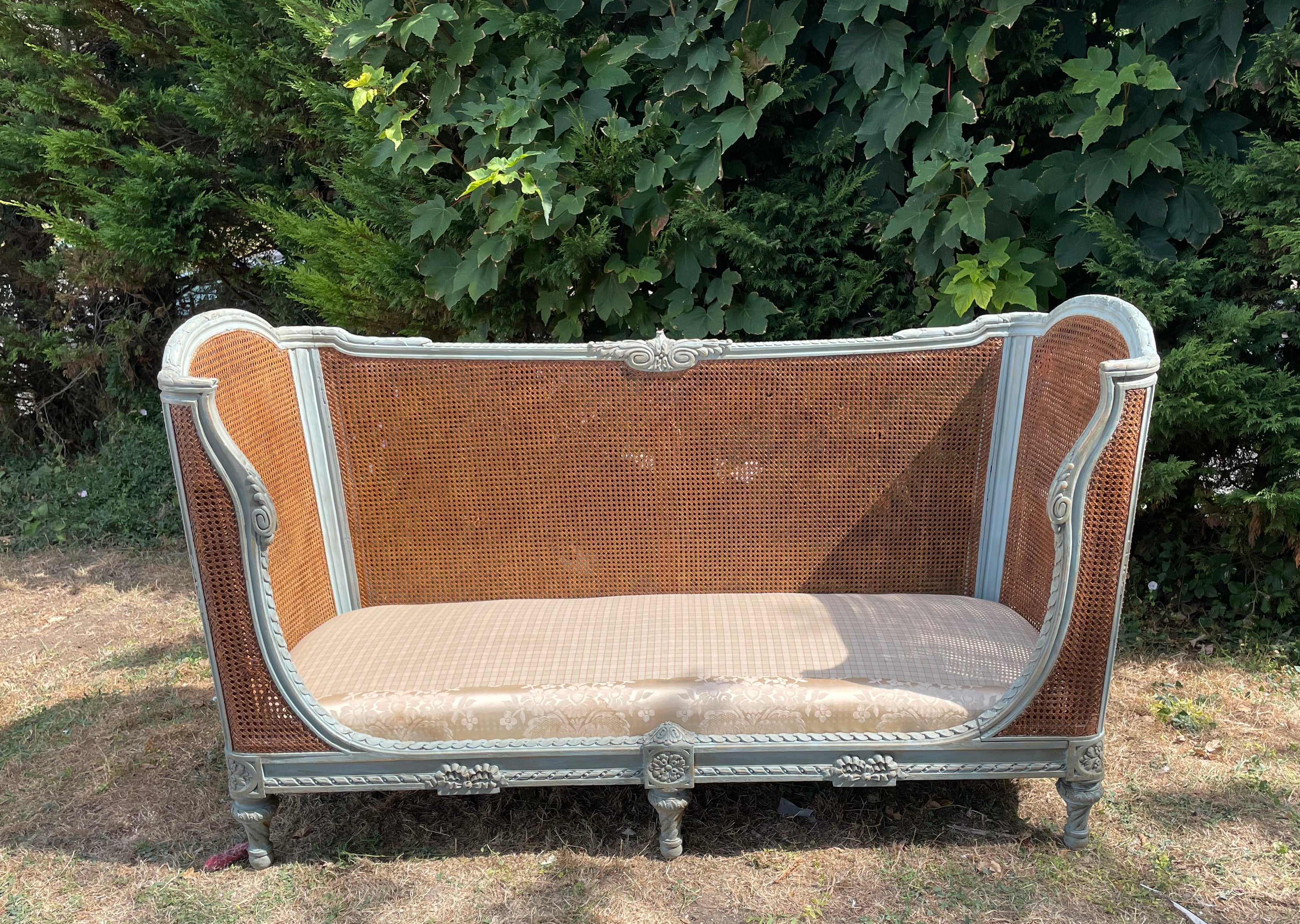 An Antique French Painted Day Bed Front View with original mattress 