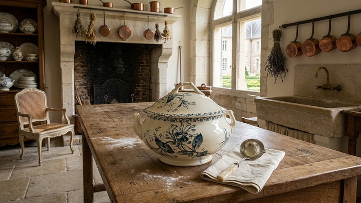 A large white ceramic lidded serving pot with blue floral patterns sits on a rustic wooden table in a traditional stone kitchen. A metal measuring scoop rests on a folded cloth beside it, with a fireplace, copper pans, and stone walls in the background.
