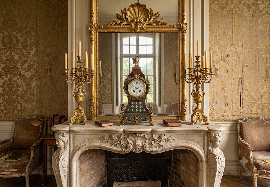 An ornate vintage room interior featuring a large gold-framed mirror above a carved white marble fireplace mantel. A decorative mantel clock sits centered in front of the mirror, flanked by two gold candelabras.