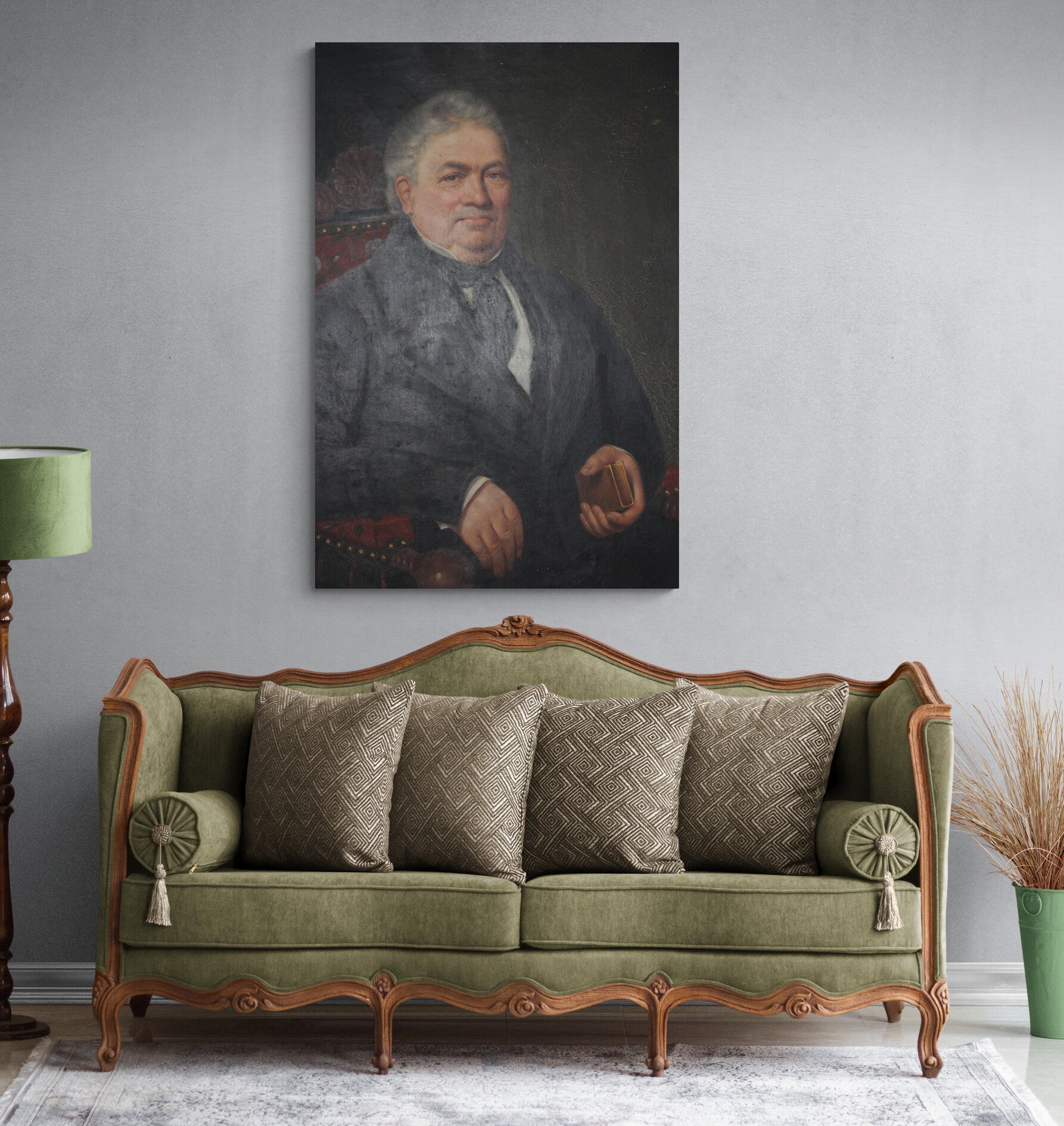Antique French oil painting of a distinguished gentleman seated in a high-back Carolean throne chair