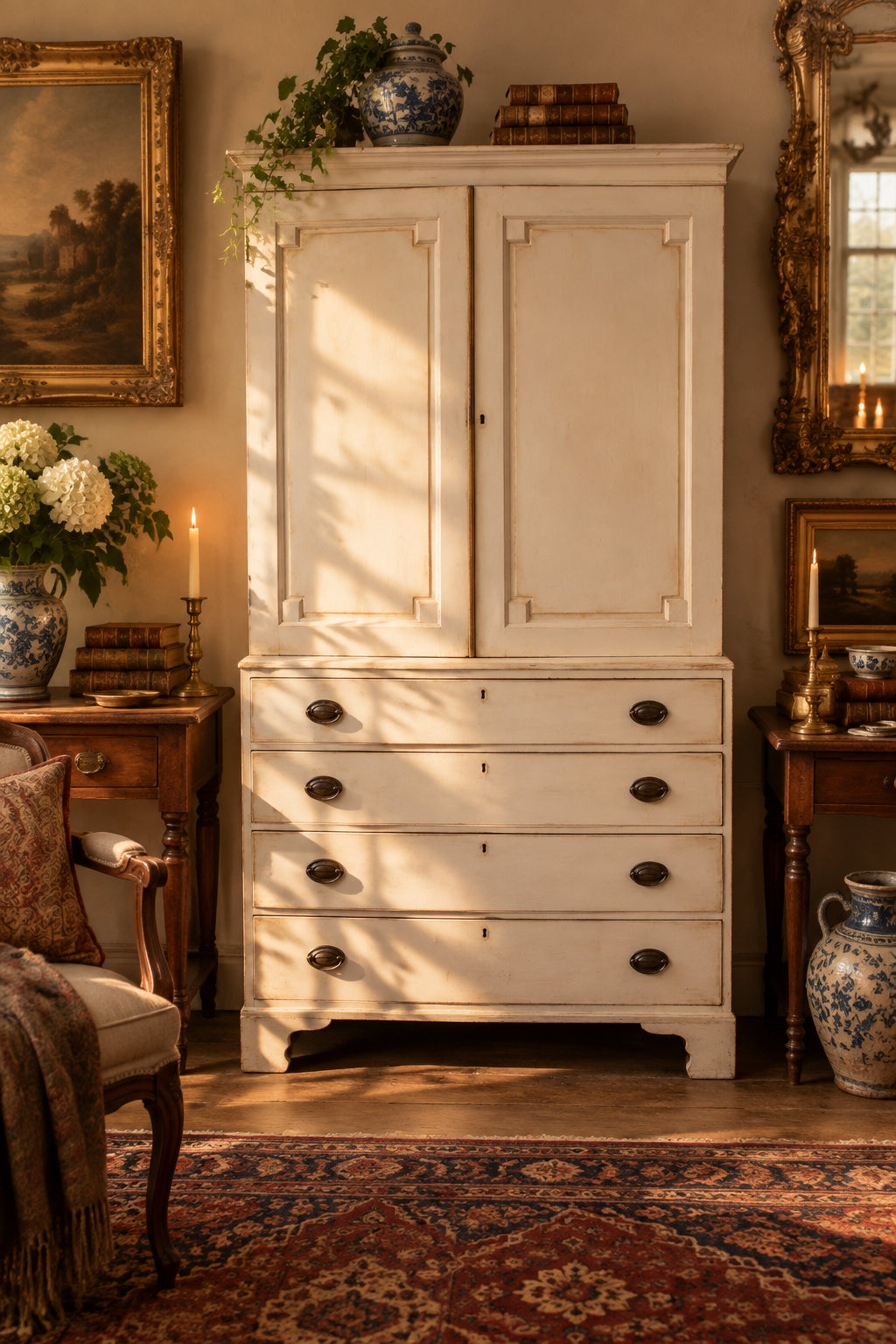 tall white painted wooden cabinet with two upper doors and four lower drawers, featuring distressed finish and dark oval drawer pulls, photographed indoors against a plain wall.